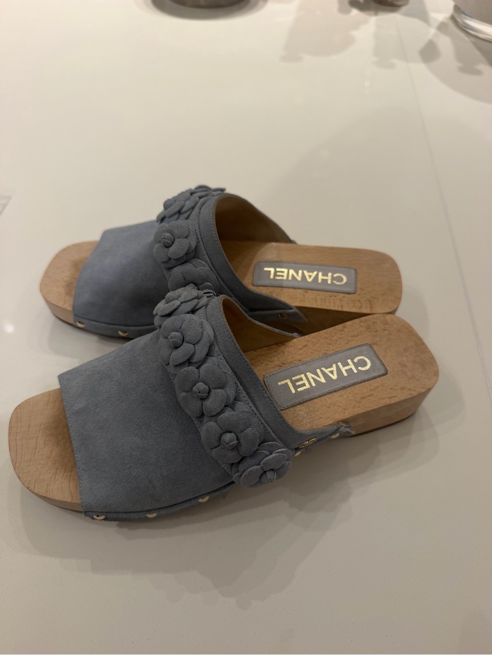 chanel Suede Floral Strap Slide Sandals in Light Blue